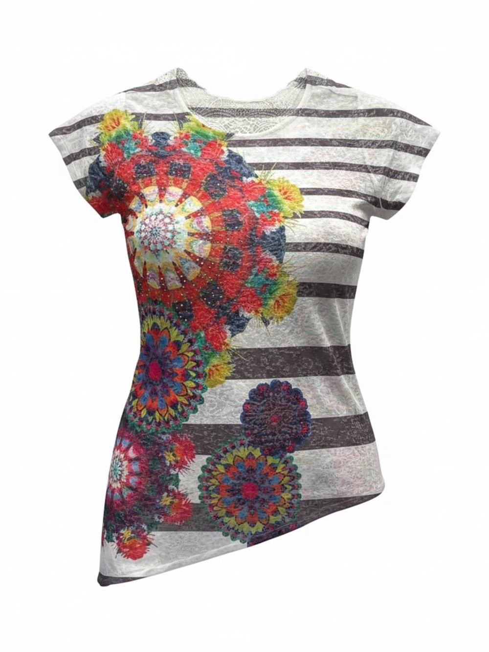Multicolor Striped Lace-Back Short Sleeve Top